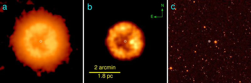 The nebula in the infrared (a,b) and in the optical (c)